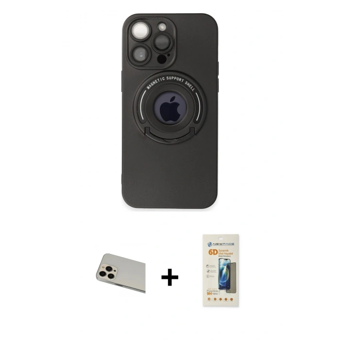 MARSİLYAN™- iPhone 13 Pro Max Kılıf Eksen Klasik Prime - Siyah 6D Mat Seramik Hayalet Nano Ekran Koruyucu + Rose Gold Rainbow Kamera Lens Koruma Cam