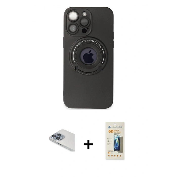 MARSİLYAN™- iPhone 13 Pro Max Kılıf Eksen Klasik Prime - Siyah 6D Mat Seramik Hayalet Nano Ekran Koruyucu + Sierra Blue Pers Alüminyum Kamera Lens