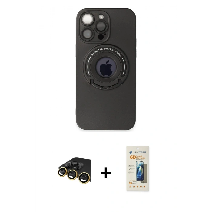 MARSİLYAN™- iPhone 13 Pro Max Kılıf Eksen Klasik Prime - Siyah 6D Mat Seramik Hayalet Nano Ekran Koruyucu + Raze Metal Kamera Lens - GD