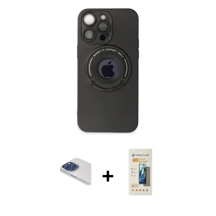 MARSİLYAN™- iPhone 13 Pro Max Kılıf Eksen Klasik Prime - Siyah 6D Mat Seramik Hayalet Nano Ekran Koruyucu + Pers Alüminyum Kamera Lens - LT