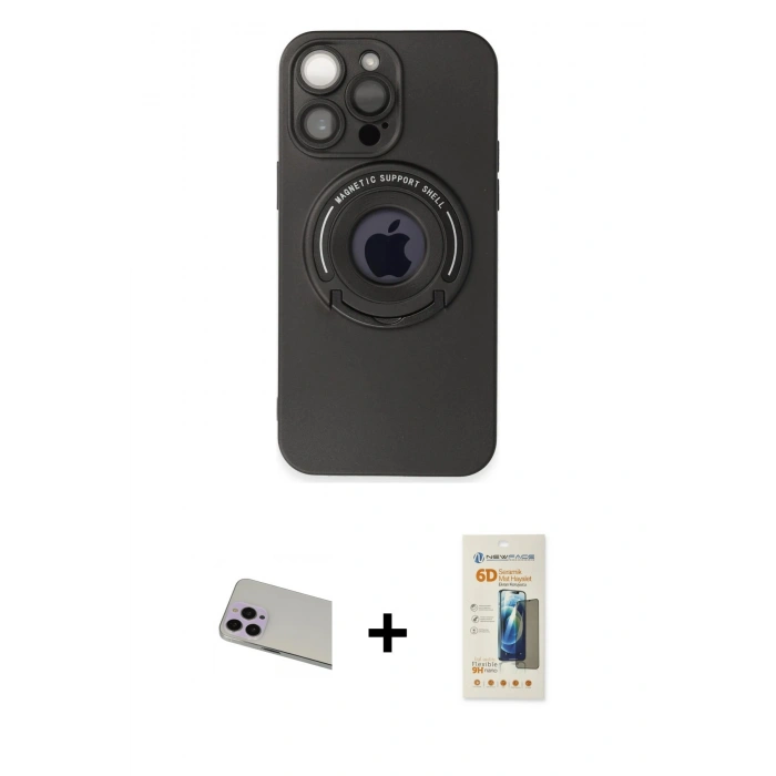 MARSİLYAN™- iPhone 13 Pro Max Kılıf Eksen Klasik Prime - Siyah 6D Mat Seramik Hayalet Nano Ekran Koruyucu + Rainbow Kamera Lens Koruma Cam - MR