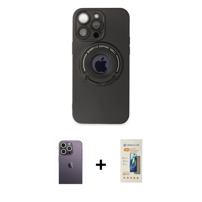 MARSİLYAN™- iPhone 13 Pro Max Kılıf Eksen Klasik Prime - Siyah 6D Mat Seramik Hayalet Nano Ekran Koruyucu + Neon Fosforlu Kamera Lens - BZ