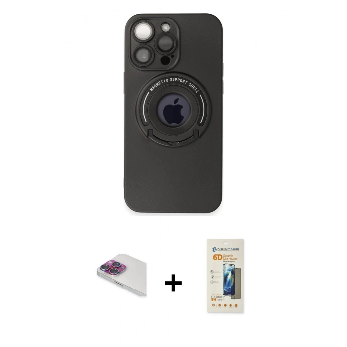 MARSİLYAN™- iPhone 13 Pro Max Kılıf Eksen Klasik Prime - Siyah 6D Mat Seramik Hayalet Nano Ekran Koruyucu + Pers Alüminyum Kamera Lens - GI