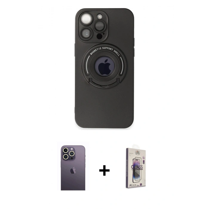 MARSİLYAN™- iPhone 13 Pro Max Kılıf Eksen Klasik Prime - Siyah Bilvis 3D Cam Ekran Koruyucu + Neon Fosforlu Kamera Lens - BZ