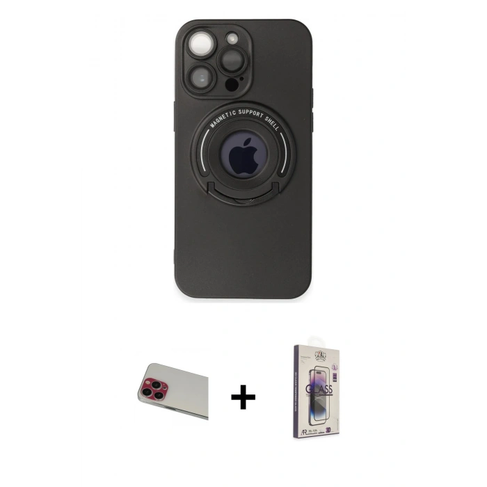 MARSİLYAN™- iPhone 13 Pro Max Kılıf Eksen Klasik Prime - Siyah Bilvis 3D Cam Ekran Koruyucu + Rainbow Kamera Lens Koruma Cam - KI
