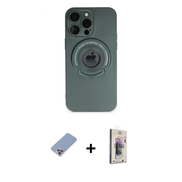 MARSİLYAN™- iPhone 13 Pro Max Kılıf Eksen Klasik Prime - Siyah Bilvis 3D Cam Ekran Koruyucu + Koyu Yeşil Metal Kamera Lens Koruma Cam
