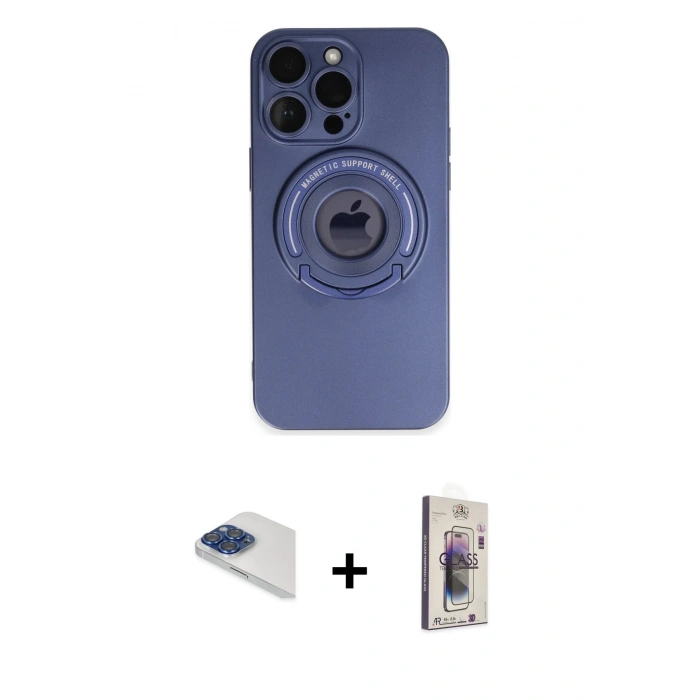 MARSİLYAN™- iPhone 13 Pro Max Kılıf Eksen Klasik Prime - Siyah Bilvis 3D Cam Ekran Koruyucu + Lacivert Pers Alüminyum Kamera Lens