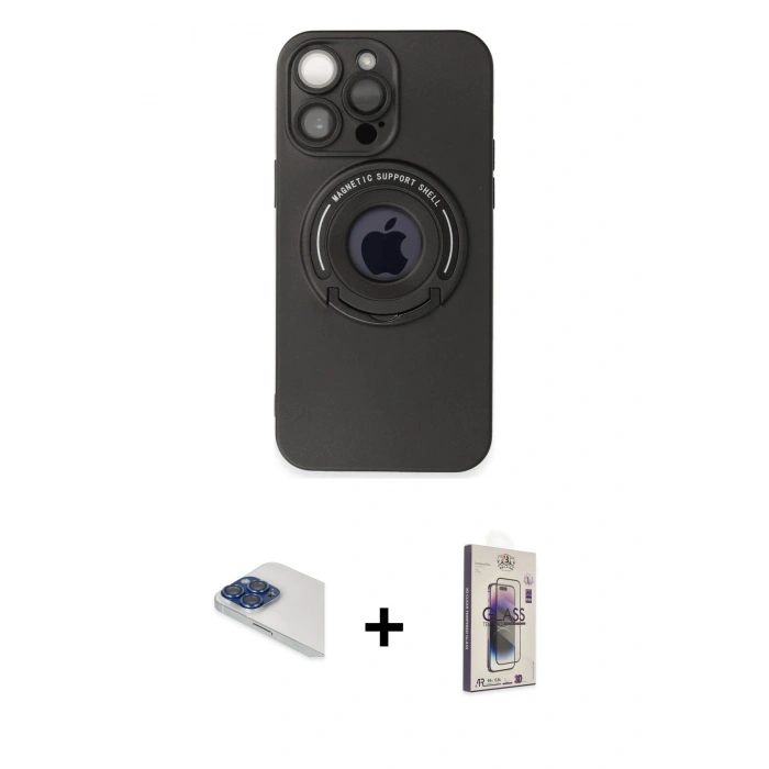 MARSİLYAN™- iPhone 13 Pro Max Kılıf Eksen Klasik Prime - Siyah Bilvis 3D Cam Ekran Koruyucu + Lacivert Pers Alüminyum Kamera Lens