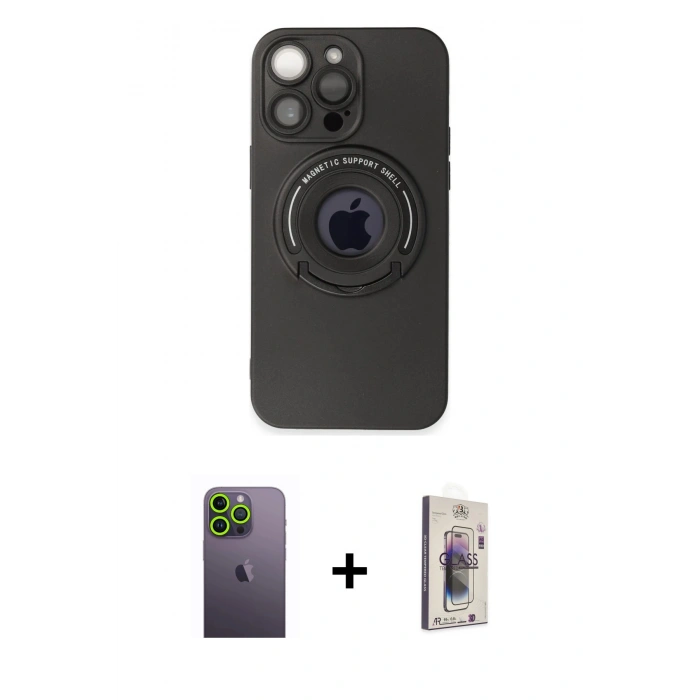 MARSİLYAN™- iPhone 13 Pro Max Kılıf Eksen Klasik Prime - Siyah Bilvis 3D Cam Ekran Koruyucu + Neon Fosforlu Kamera Lens - YL