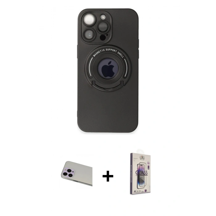 MARSİLYAN™- iPhone 13 Pro Max Kılıf Eksen Klasik Prime - Siyah Bilvis 3D Cam Ekran Koruyucu + Rainbow Kamera Lens Koruma Cam - MR