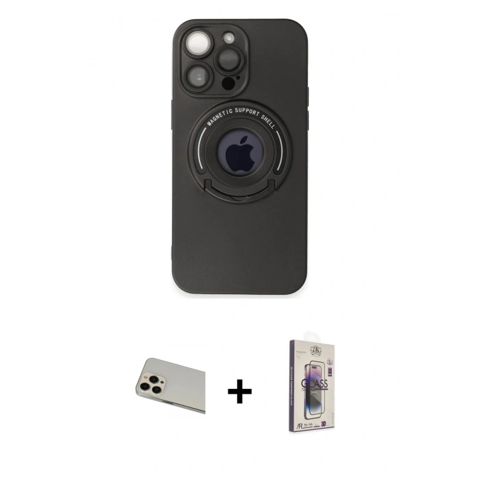 MARSİLYAN™- iPhone 13 Pro Max Kılıf Eksen Klasik Prime - Siyah Bilvis 3D Cam Ekran Koruyucu + Rainbow Kamera Lens Koruma Cam - REGD