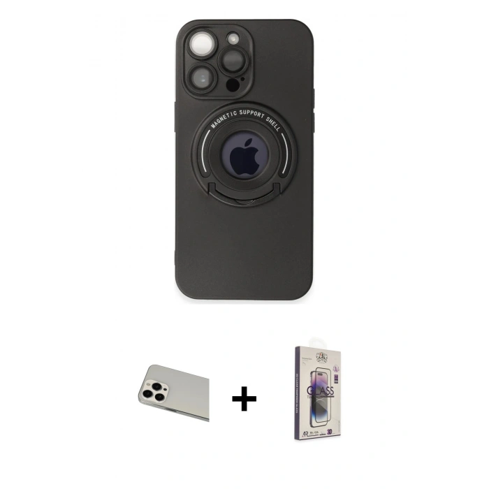MARSİLYAN™- iPhone 13 Pro Max Kılıf Eksen Klasik Prime - Siyah Bilvis 3D Cam Ekran Koruyucu + Rainbow Kamera Lens Koruma Cam - BZ