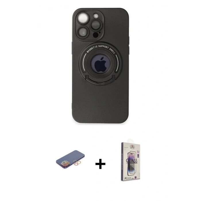 MARSİLYAN™- iPhone 13 Pro Max Kılıf Eksen Klasik Prime - Siyah Bilvis 3D Cam Ekran Koruyucu + Renkli Kamera Lens Koruma Cam - TU