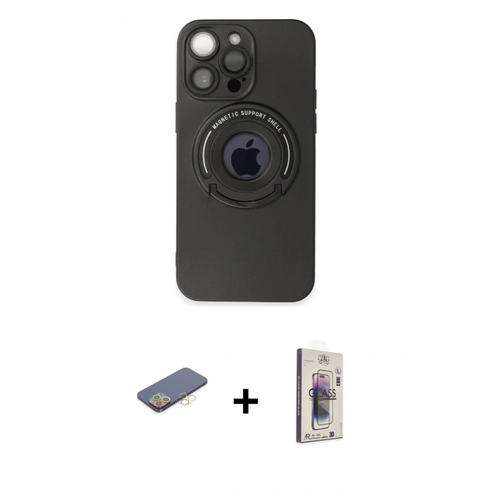 MARSİLYAN™- iPhone 13 Pro Max Kılıf Eksen Klasik Prime - Siyah Bilvis 3D Cam Ekran Koruyucu + Renkli Kamera Lens Koruma Cam - SI