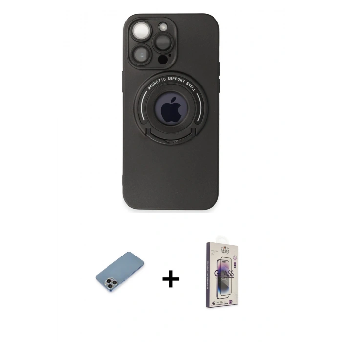 MARSİLYAN™- iPhone 13 Pro Max Kılıf Eksen Klasik Prime - Siyah Bilvis 3D Cam Ekran Koruyucu + Shine Kamera Lens Koruma Cam - GI