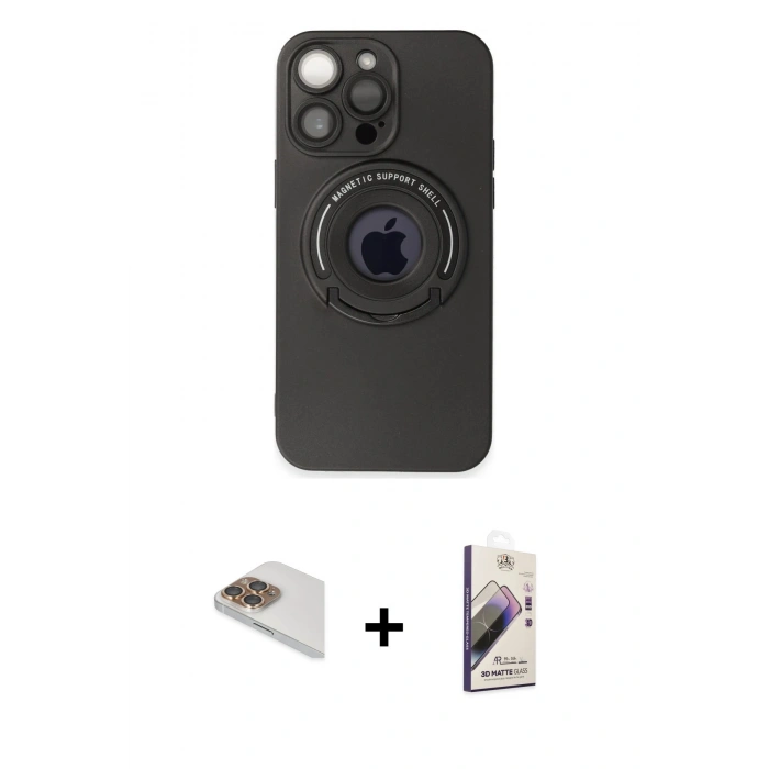 MARSİLYAN™- iPhone 13 Pro Max Kılıf Eksen Klasik Prime - Siyah Bilvis 3D Mat Cam Ekran Koruyucu + Pers Alüminyum Kamera Lens - GD