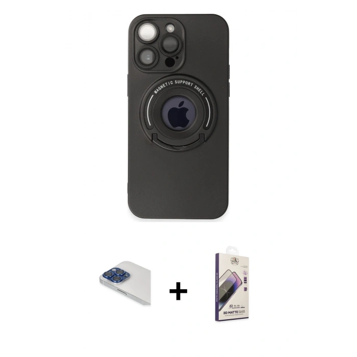 MARSİLYAN™- iPhone 13 Pro Max Kılıf Eksen Klasik Prime - Siyah Bilvis 3D Mat Cam Ekran Koruyucu + Pers Alüminyum Kamera Lens - LT