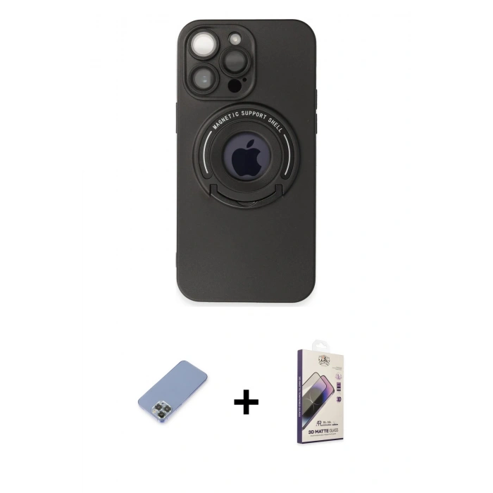 MARSİLYAN™- iPhone 13 Pro Max Kılıf Eksen Klasik Prime - Siyah Bilvis 3D Mat Cam Ekran Koruyucu + Metal Kamera Lens Koruma Cam - KUYL