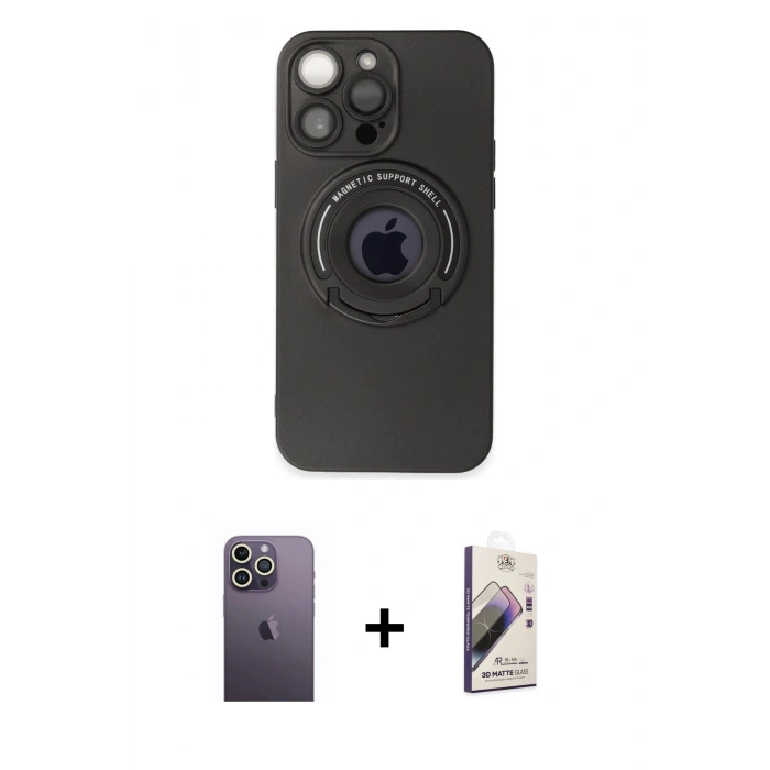MARSİLYAN™- iPhone 13 Pro Max Kılıf Eksen Klasik Prime - Siyah Bilvis 3D Mat Cam Ekran Koruyucu + Neon Fosforlu Kamera Lens - BZ