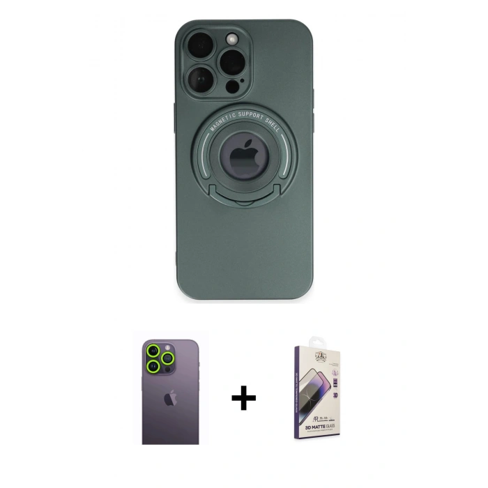 MARSİLYAN™- iPhone 13 Pro Max Kılıf Eksen Klasik Prime - Siyah Bilvis 3D Mat Cam Ekran Koruyucu + Neon Fosforlu Kamera Lens - YL