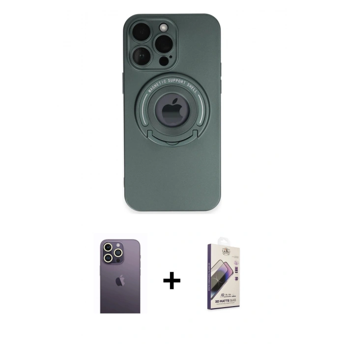 MARSİLYAN™- iPhone 13 Pro Max Kılıf Eksen Klasik Prime - Siyah Bilvis 3D Mat Cam Ekran Koruyucu + Neon Fosforlu Kamera Lens - BZ