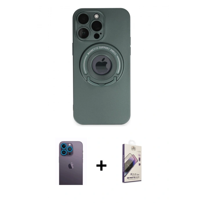 MARSİLYAN™- iPhone 13 Pro Max Kılıf Eksen Klasik Prime - Siyah Bilvis 3D Mat Cam Ekran Koruyucu + Neon Fosforlu Kamera Lens - MI