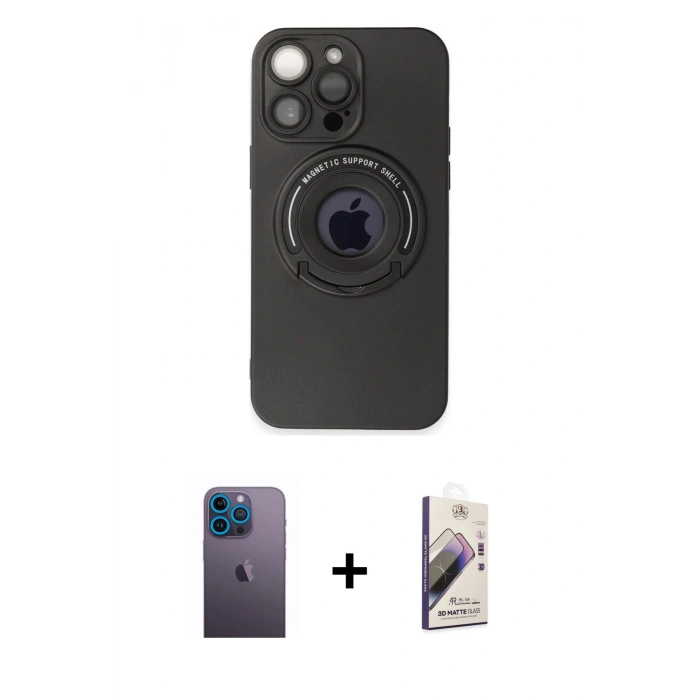 MARSİLYAN™- iPhone 13 Pro Max Kılıf Eksen Klasik Prime - Siyah Bilvis 3D Mat Cam Ekran Koruyucu + Neon Fosforlu Kamera Lens - MI