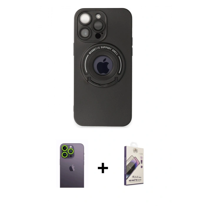 MARSİLYAN™- iPhone 13 Pro Max Kılıf Eksen Klasik Prime - Siyah Bilvis 3D Mat Cam Ekran Koruyucu + Neon Fosforlu Kamera Lens - YL