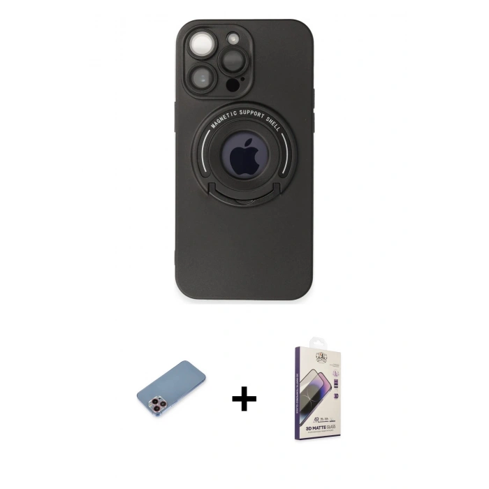 MARSİLYAN™- iPhone 13 Pro Max Kılıf Eksen Klasik Prime - Siyah Bilvis 3D Mat Cam Ekran Koruyucu + Shine Kamera Lens Koruma Cam - PE
