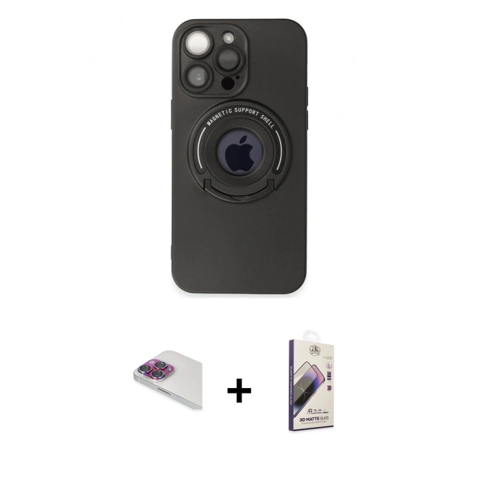 MARSİLYAN™- iPhone 13 Pro Max Kılıf Eksen Klasik Prime - Siyah Bilvis 3D Mat Cam Ekran Koruyucu + Pers Alüminyum Kamera Lens - GI