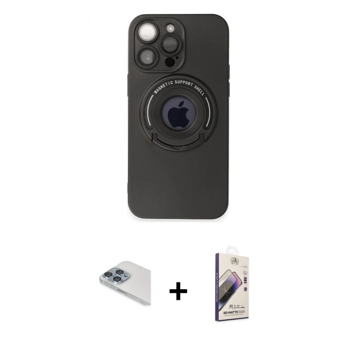 MARSİLYAN™- iPhone 13 Pro Max Kılıf Eksen Klasik Prime - Siyah Bilvis 3D Mat Cam Ekran Koruyucu + Pers Alüminyum Kamera Lens - SABE