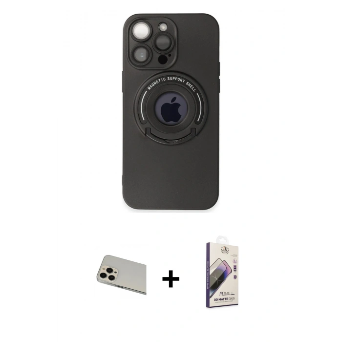 MARSİLYAN™- iPhone 13 Pro Max Kılıf Eksen Klasik Prime - Siyah Bilvis 3D Mat Cam Ekran Koruyucu + Rainbow Kamera Lens Koruma Cam - REGD