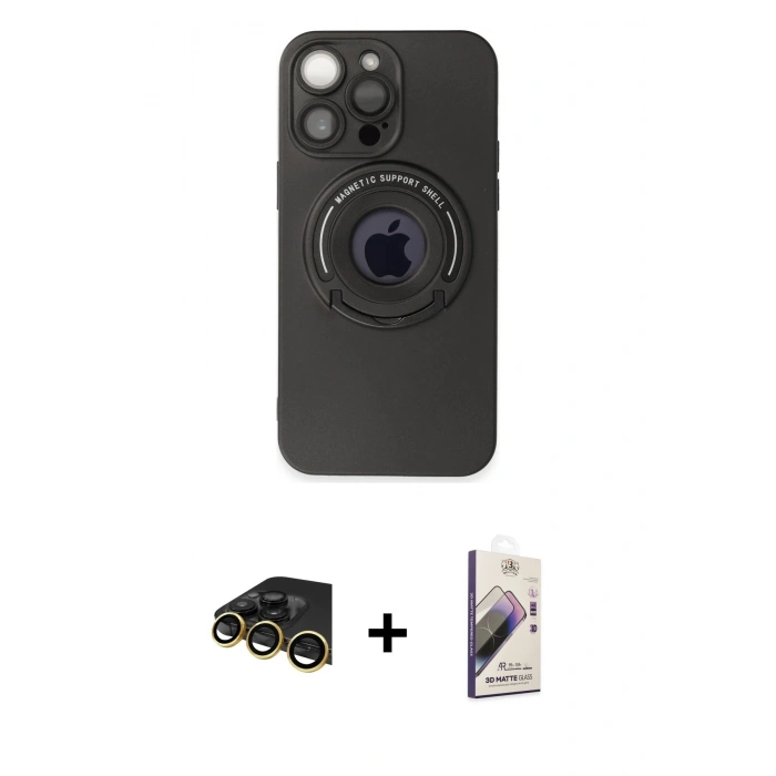MARSİLYAN™- iPhone 13 Pro Max Kılıf Eksen Klasik Prime - Siyah Bilvis 3D Mat Cam Ekran Koruyucu + Raze Metal Kamera Lens - GD