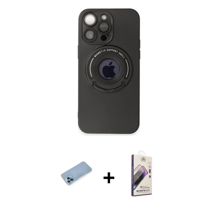 MARSİLYAN™- iPhone 13 Pro Max Kılıf Eksen Klasik Prime - Siyah Bilvis 3D Mat Cam Ekran Koruyucu + Shine Kamera Lens Koruma Cam - MI
