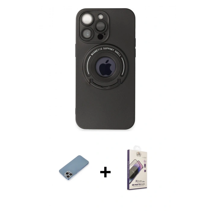 MARSİLYAN™- iPhone 13 Pro Max Kılıf Eksen Klasik Prime - Siyah Bilvis 3D Mat Cam Ekran Koruyucu + Shine Kamera Lens Koruma Cam - GI