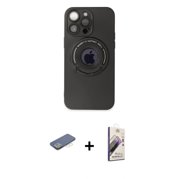 MARSİLYAN™- iPhone 13 Pro Max Kılıf Eksen Klasik Prime - Siyah Bilvis 3D Mat Cam Ekran Koruyucu + Renkli Kamera Lens Koruma Cam - YL