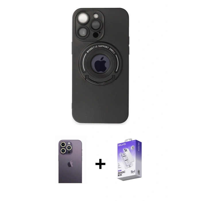 MARSİLYAN™- iPhone 13 Pro Max Kılıf Eksen Klasik Prime - Siyah Bilvis 5in1 3D Magic Cam Ekran Koruyucu + Beyaz Neon Fosforlu Kamera Lens