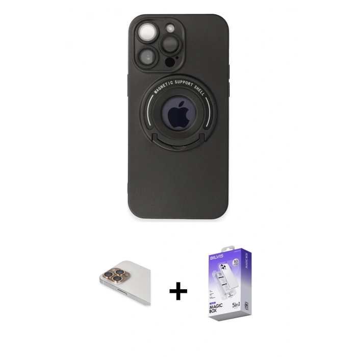 MARSİLYAN™- iPhone 13 Pro Max Kılıf Eksen Klasik Prime - Siyah Bilvis 5in1 3D Magic Cam Ekran Koruyucu + Pers Alüminyum Kamera Lens - GD