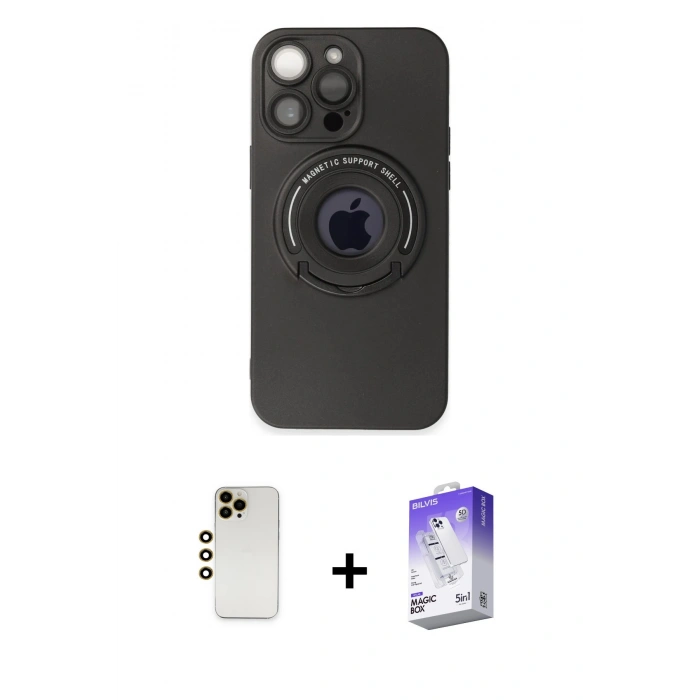 MARSİLYAN™- iPhone 13 Pro Max Kılıf Eksen Klasik Prime - Siyah Bilvis 5in1 3D Magic Cam Ekran Koruyucu + Shine Kamera Lens - GD