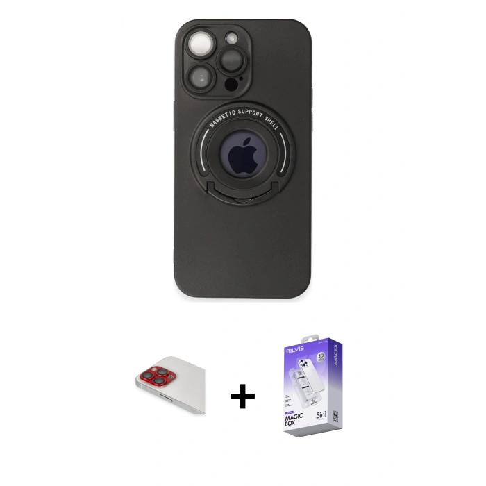 MARSİLYAN™- iPhone 13 Pro Max Kılıf Eksen Klasik Prime - Siyah Bilvis 5in1 3D Magic Cam Ekran Koruyucu + Pers Alüminyum Kamera Lens - KI