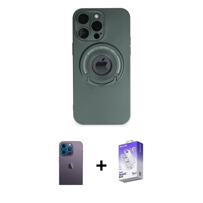 MARSİLYAN™- iPhone 13 Pro Max Kılıf Eksen Klasik Prime - Siyah Bilvis 5in1 3D Magic Cam Ekran Koruyucu + Neon Fosforlu Kamera Lens - MI