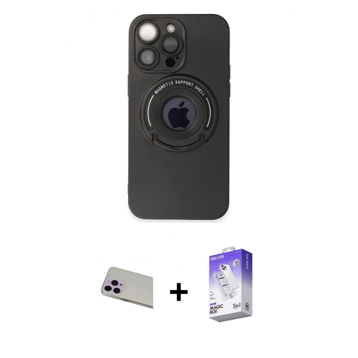MARSİLYAN™- iPhone 13 Pro Max Kılıf Eksen Klasik Prime - Siyah Bilvis 5in1 3D Magic Cam Ekran Koruyucu + Rainbow Kamera Lens Koruma Cam - MR