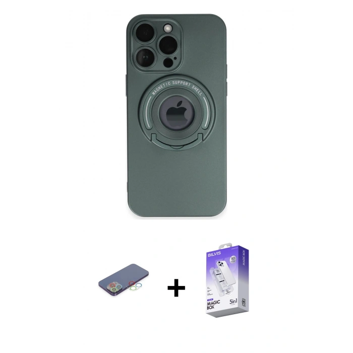 MARSİLYAN™- iPhone 13 Pro Max Kılıf Eksen Klasik Prime - Siyah Bilvis 5in1 3D Magic Cam Ekran Koruyucu + Renkli Kamera Lens Koruma Cam - MI