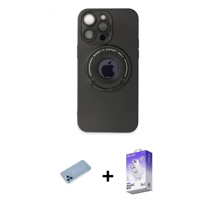 MARSİLYAN™- iPhone 13 Pro Max Kılıf Eksen Klasik Prime - Siyah Bilvis 5in1 3D Magic Cam Ekran Koruyucu + Mavi Shine Kamera Lens Koruma Cam