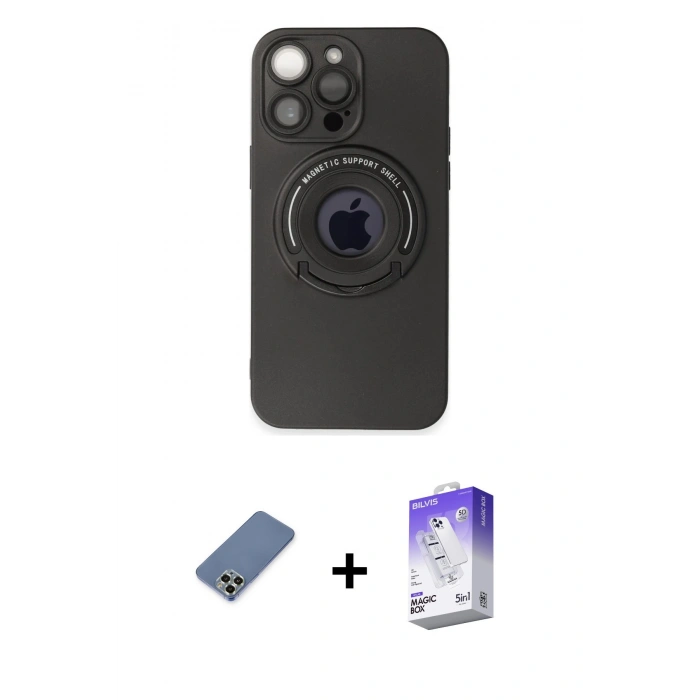 MARSİLYAN™- iPhone 13 Pro Max Kılıf Eksen Klasik Prime - Siyah Bilvis 5in1 3D Magic Cam Ekran Koruyucu + Metal Kamera Lens Koruma Cam - AKYL