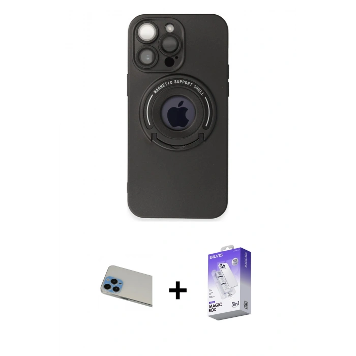 MARSİLYAN™- iPhone 13 Pro Max Kılıf Eksen Klasik Prime - Siyah Bilvis 5in1 3D Magic Cam Ekran Koruyucu + Rainbow Kamera Lens Koruma Cam - MI