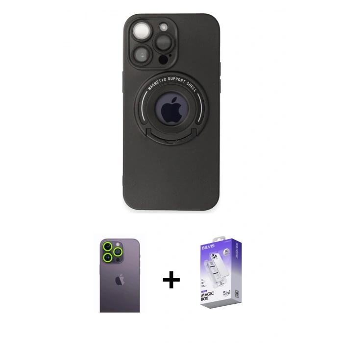 MARSİLYAN™- iPhone 13 Pro Max Kılıf Eksen Klasik Prime - Siyah Bilvis 5in1 3D Magic Cam Ekran Koruyucu + Neon Fosforlu Kamera Lens - YL