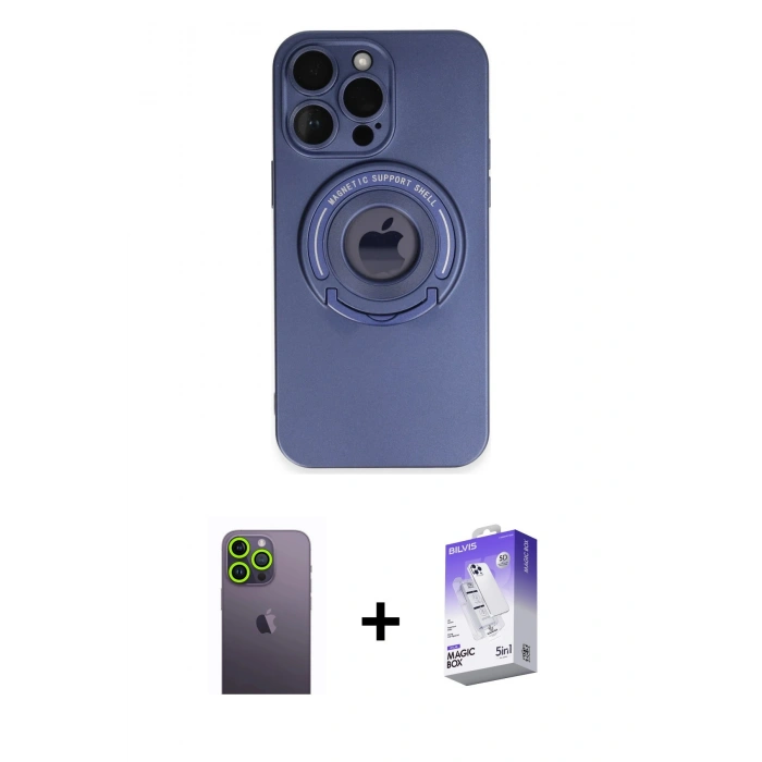 MARSİLYAN™- iPhone 13 Pro Max Kılıf Eksen Klasik Prime - Siyah Bilvis 5in1 3D Magic Cam Ekran Koruyucu + Neon Fosforlu Kamera Lens - YL