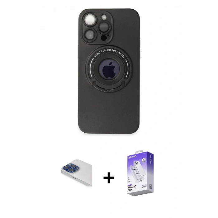 MARSİLYAN™- iPhone 13 Pro Max Kılıf Eksen Klasik Prime - Siyah Bilvis 5in1 3D Magic Cam Ekran Koruyucu + Pers Alüminyum Kamera Lens - LT