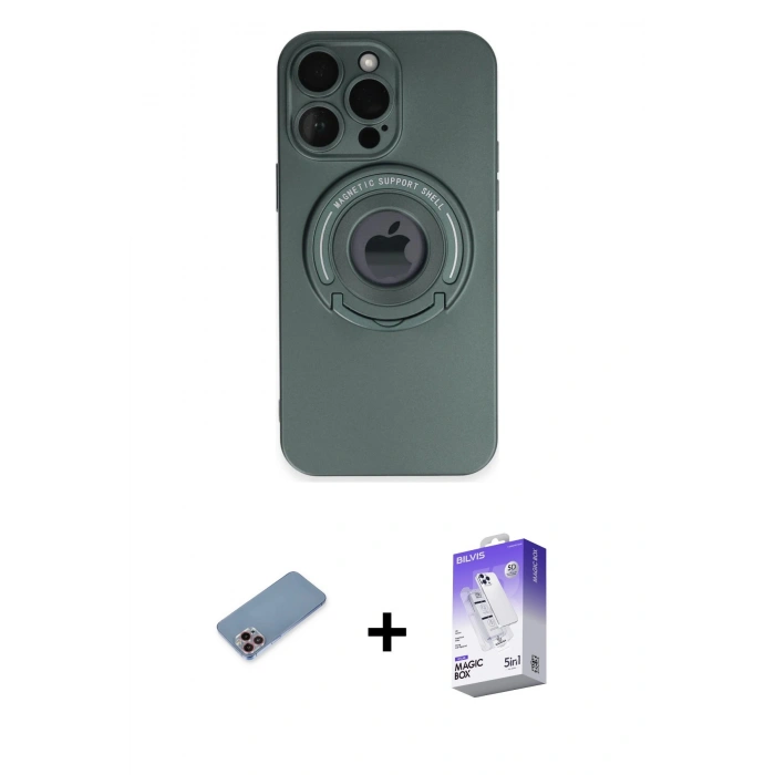 MARSİLYAN™- iPhone 13 Pro Max Kılıf Eksen Klasik Prime - Siyah Bilvis 5in1 3D Magic Cam Ekran Koruyucu + Pembe Shine Kamera Lens Koruma Cam